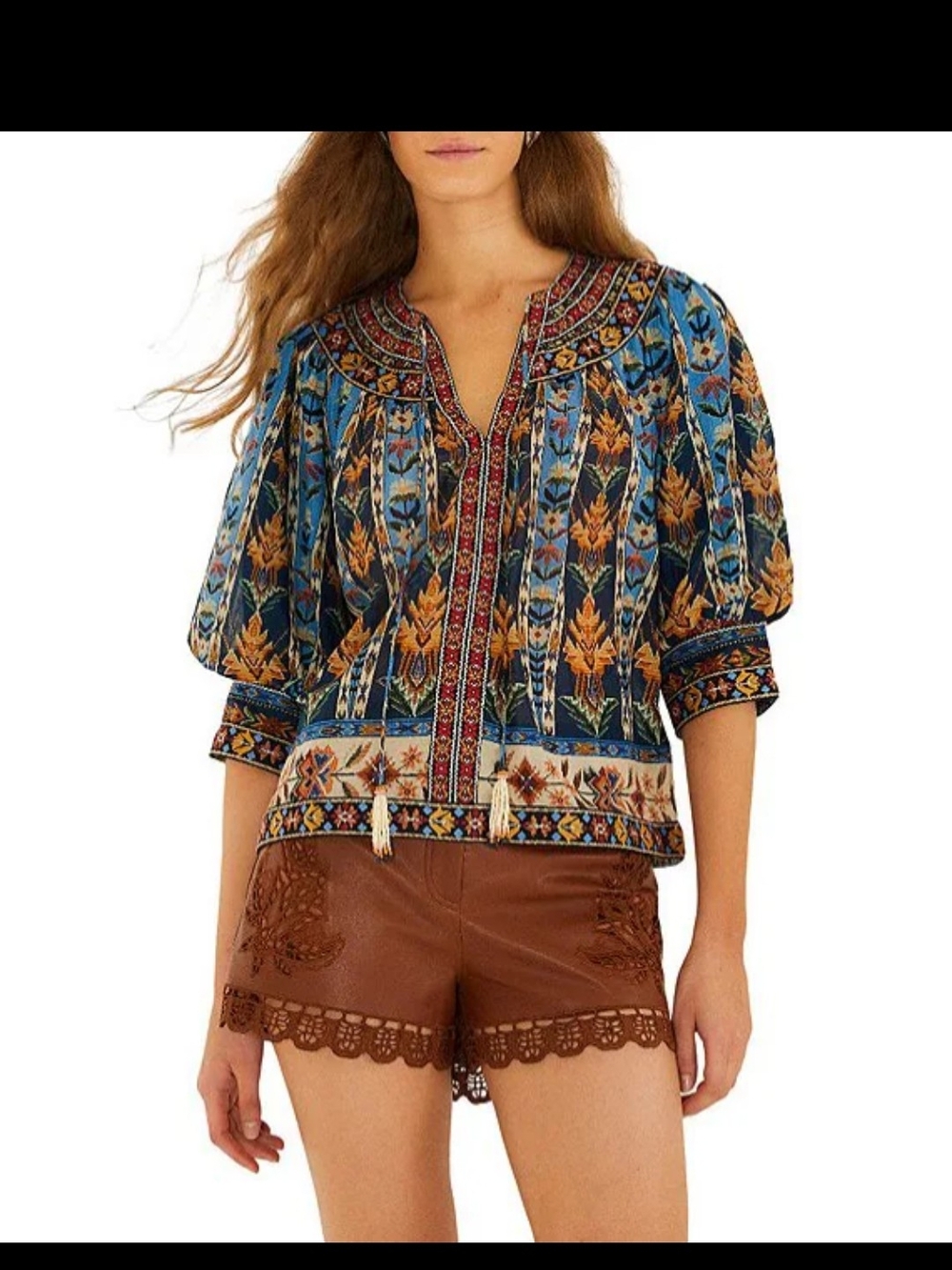 FARM Rio Blue & Gold Floral Embroidered Peasant Blouse